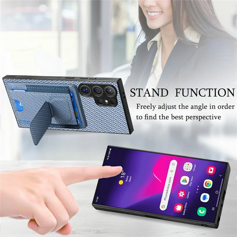 For Samsung Galaxy S26 Ultra Case with Card Holder Kickstand Fiber Pattern Leather Back Cover - Blue