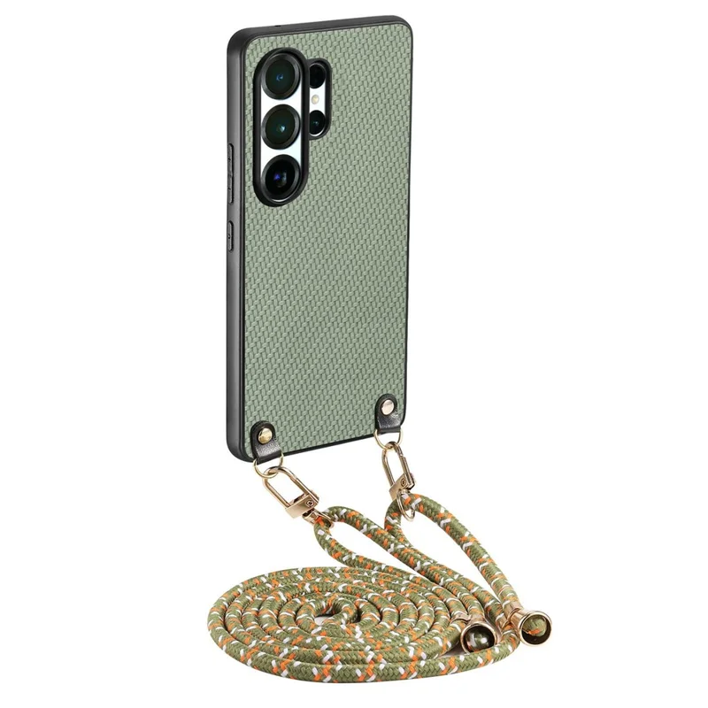 For Samsung Galaxy S26 Ultra Case Carbon Fiber Texture Hybrid Phone Back Cover with Adjustable Strap - Green
