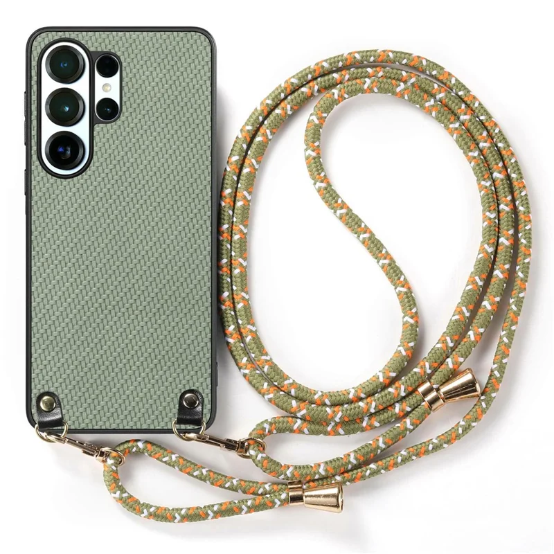 For Samsung Galaxy S26 Ultra Case Carbon Fiber Texture Hybrid Phone Back Cover with Adjustable Strap - Green