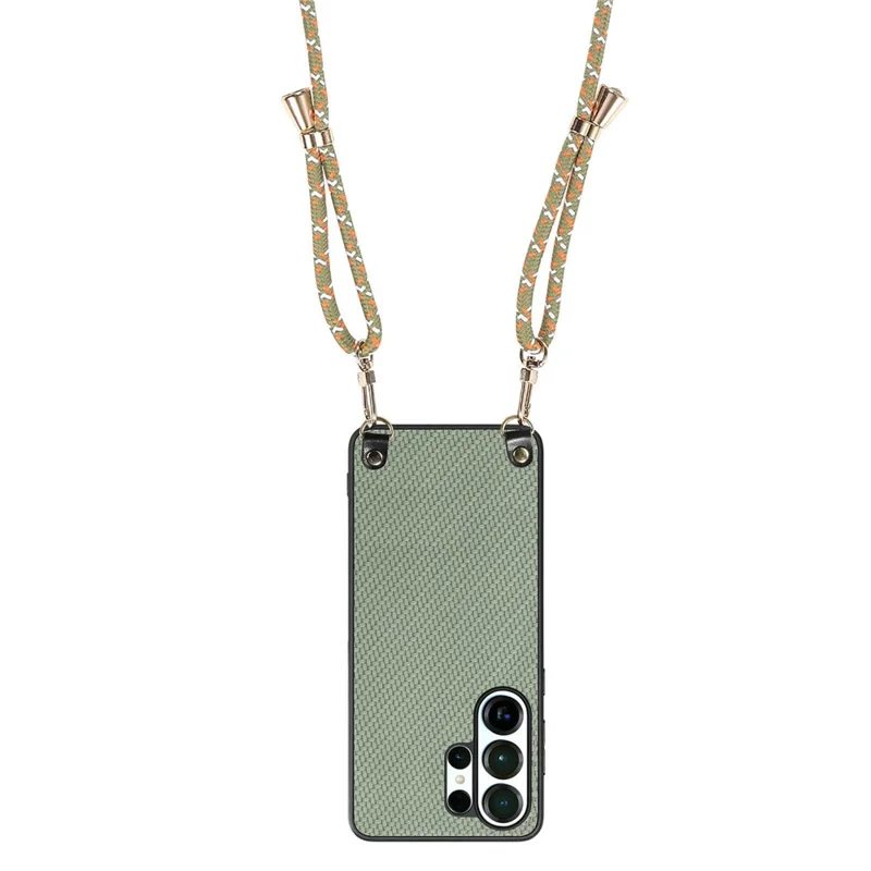 For Samsung Galaxy S26 Ultra Case Carbon Fiber Texture Hybrid Phone Back Cover with Adjustable Strap - Green
