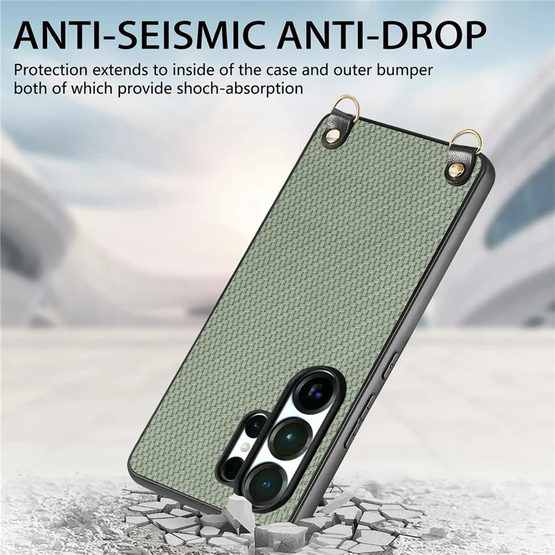 For Samsung Galaxy S26 Ultra Case Carbon Fiber Texture Hybrid Phone Back Cover with Adjustable Strap - Green