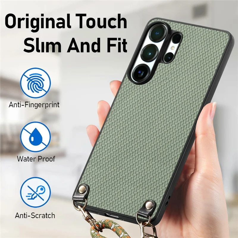 For Samsung Galaxy S26 Ultra Case Carbon Fiber Texture Hybrid Phone Back Cover with Adjustable Strap - Green