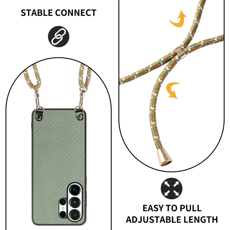 For Samsung Galaxy S26 Ultra Case Carbon Fiber Texture Hybrid Phone Back Cover with Adjustable Strap - Green