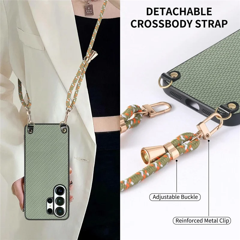 For Samsung Galaxy S26 Ultra Case Carbon Fiber Texture Hybrid Phone Back Cover with Adjustable Strap - Green