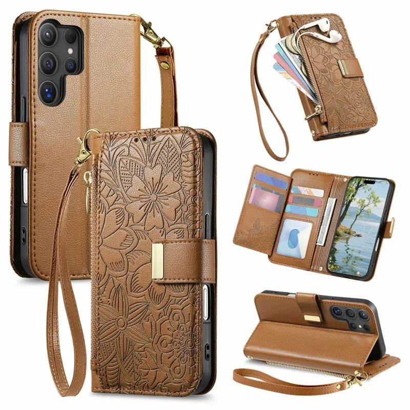For Samsung Galaxy S26 Ultra 5G Case Floral Leaf Pattern Multi Card Slots Zipper Leather Phone Cover with Wrist Strap - Brown