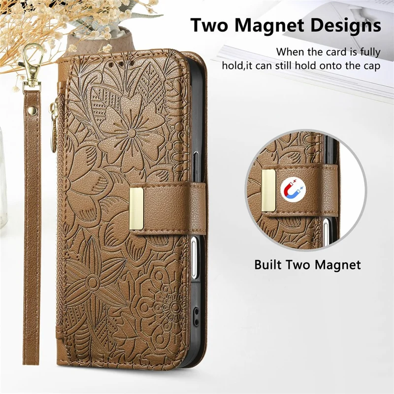 For Samsung Galaxy S26 Ultra 5G Case Floral Leaf Pattern Multi Card Slots Zipper Leather Phone Cover with Wrist Strap - Brown