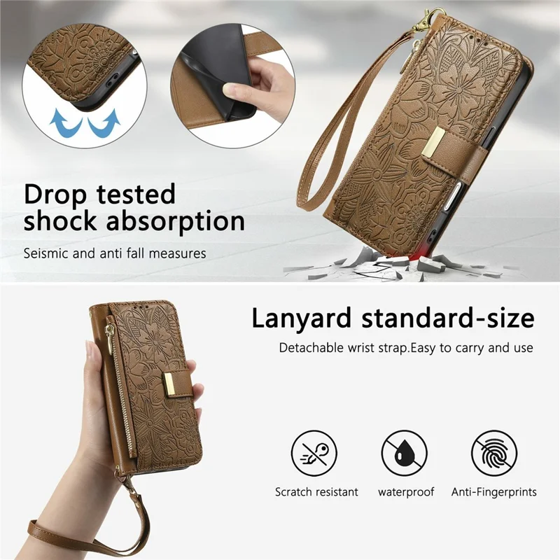 For Samsung Galaxy S26 Ultra 5G Case Floral Leaf Pattern Multi Card Slots Zipper Leather Phone Cover with Wrist Strap - Brown