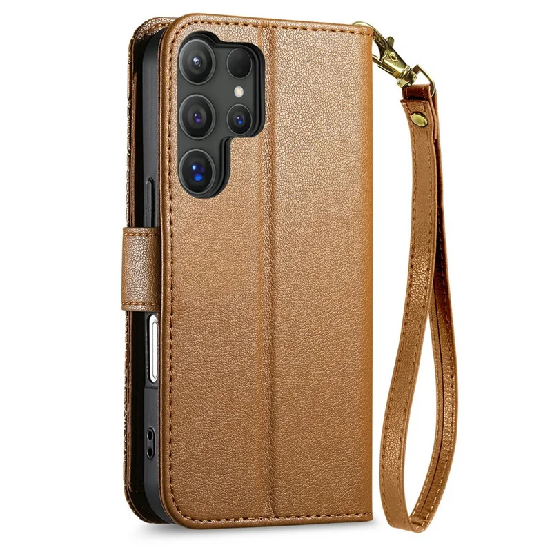 For Samsung Galaxy S26 Ultra 5G Case Floral Leaf Pattern Multi Card Slots Zipper Leather Phone Cover with Wrist Strap - Brown