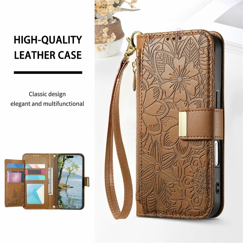 For Samsung Galaxy S26 Ultra 5G Case Floral Leaf Pattern Multi Card Slots Zipper Leather Phone Cover with Wrist Strap - Brown