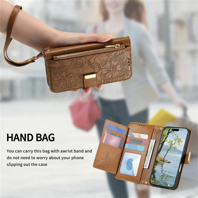 For Samsung Galaxy S26 Ultra 5G Case Floral Leaf Pattern Multi Card Slots Zipper Leather Phone Cover with Wrist Strap - Brown