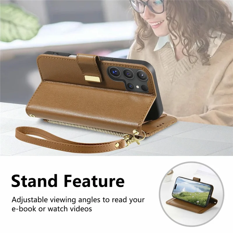 For Samsung Galaxy S26 Ultra 5G Case Floral Leaf Pattern Multi Card Slots Zipper Leather Phone Cover with Wrist Strap - Brown