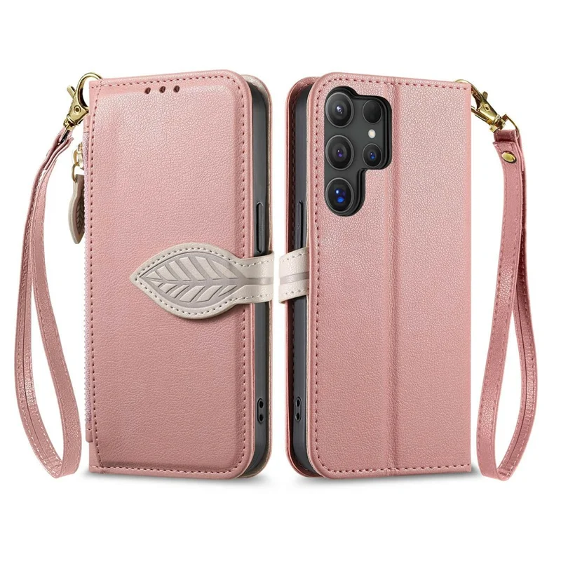 For Samsung Galaxy S26 Ultra Stand Case Leaf Shape Magnetic Clasp Leather Phone Cover with Hand Strap - Rose Gold