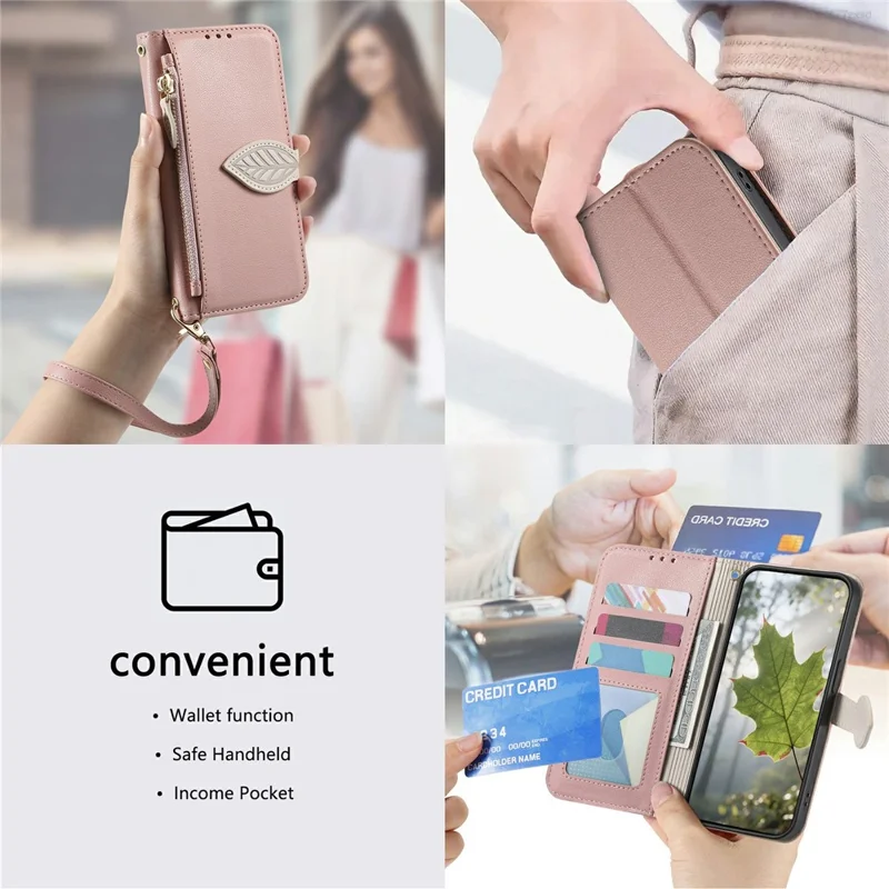 For Samsung Galaxy S26 Ultra Stand Case Leaf Shape Magnetic Clasp Leather Phone Cover with Hand Strap - Rose Gold