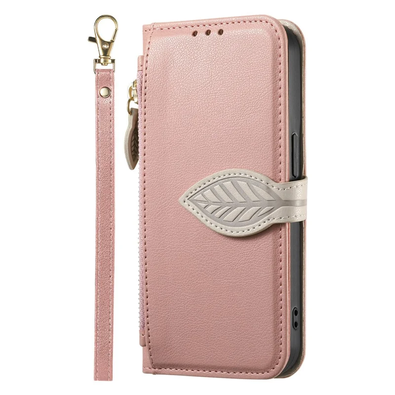 For Samsung Galaxy S26 Ultra Stand Case Leaf Shape Magnetic Clasp Leather Phone Cover with Hand Strap - Rose Gold