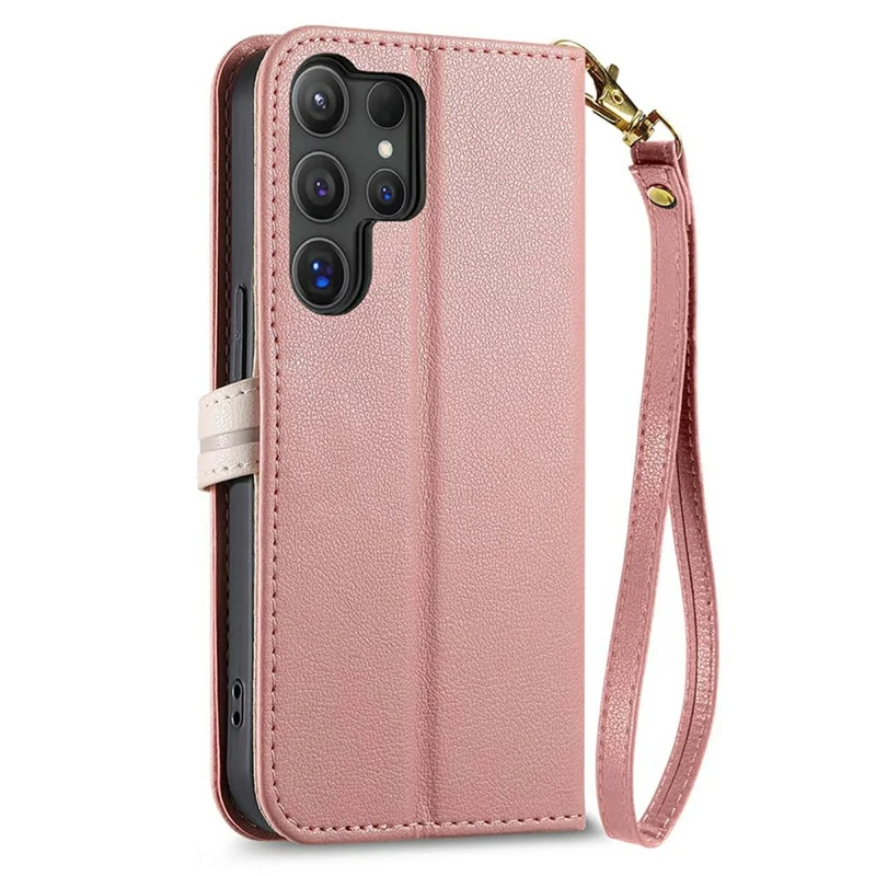 For Samsung Galaxy S26 Ultra Stand Case Leaf Shape Magnetic Clasp Leather Phone Cover with Hand Strap - Rose Gold