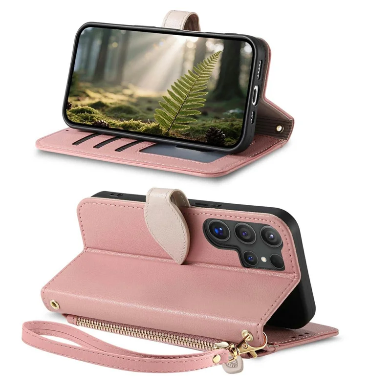 For Samsung Galaxy S26 Ultra Stand Case Leaf Shape Magnetic Clasp Leather Phone Cover with Hand Strap - Rose Gold