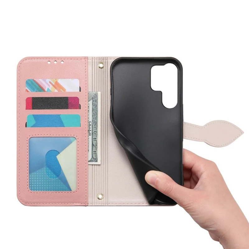For Samsung Galaxy S26 Ultra Stand Case Leaf Shape Magnetic Clasp Leather Phone Cover with Hand Strap - Rose Gold
