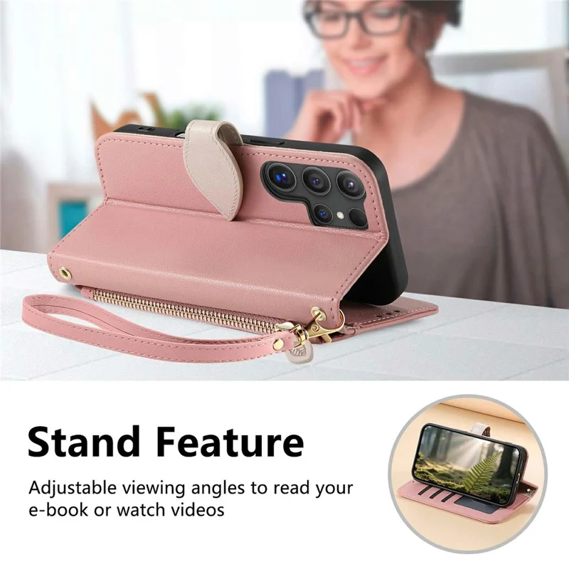 For Samsung Galaxy S26 Ultra Stand Case Leaf Shape Magnetic Clasp Leather Phone Cover with Hand Strap - Rose Gold