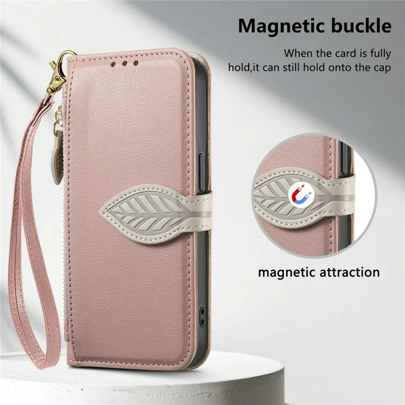 For Samsung Galaxy S26 Ultra Stand Case Leaf Shape Magnetic Clasp Leather Phone Cover with Hand Strap - Rose Gold