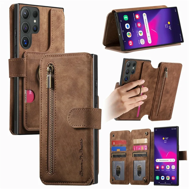 For Samsung Galaxy S26 Ultra Leather Case Phone Back Cover with RFID Blocking Zipper Wallet Kickstand - Brown