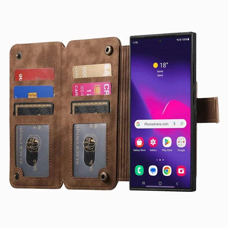 For Samsung Galaxy S26 Ultra Leather Case Phone Back Cover with RFID Blocking Zipper Wallet Kickstand - Brown