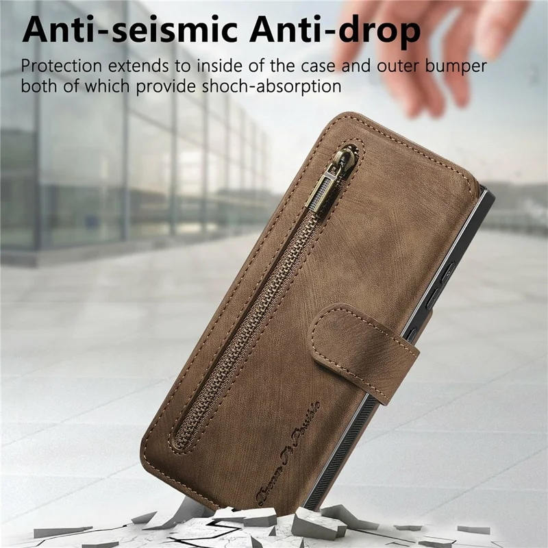 For Samsung Galaxy S26 Ultra Leather Case Phone Back Cover with RFID Blocking Zipper Wallet Kickstand - Brown