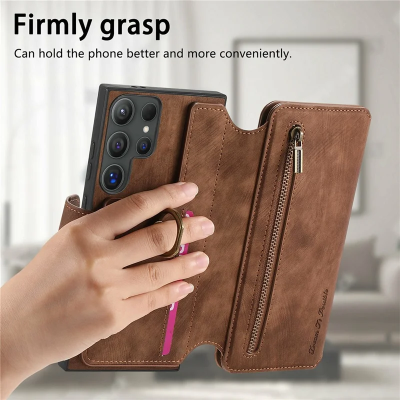 For Samsung Galaxy S26 Ultra Leather Case Phone Back Cover with RFID Blocking Zipper Wallet Kickstand - Brown