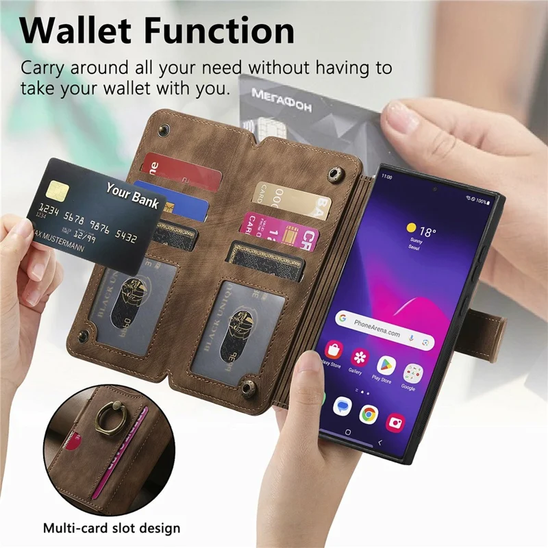 For Samsung Galaxy S26 Ultra Leather Case Phone Back Cover with RFID Blocking Zipper Wallet Kickstand - Brown
