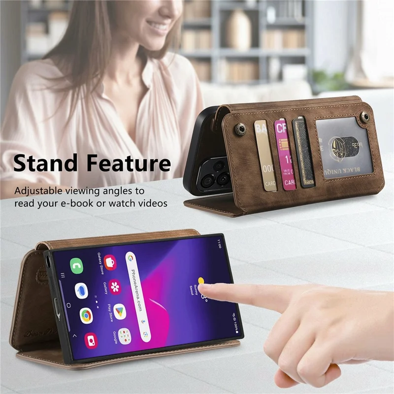 For Samsung Galaxy S26 Ultra Leather Case Phone Back Cover with RFID Blocking Zipper Wallet Kickstand - Brown