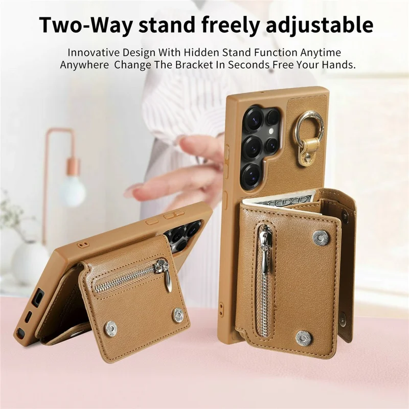 For Samsung Galaxy S26 Ultra Case D-Ring Holder Leather + PC + TPU Phone Cover with Wallet Kickstand - Brown
