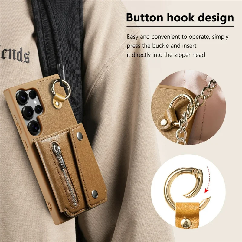 For Samsung Galaxy S26 Ultra Case D-Ring Holder Leather + PC + TPU Phone Cover with Wallet Kickstand - Brown
