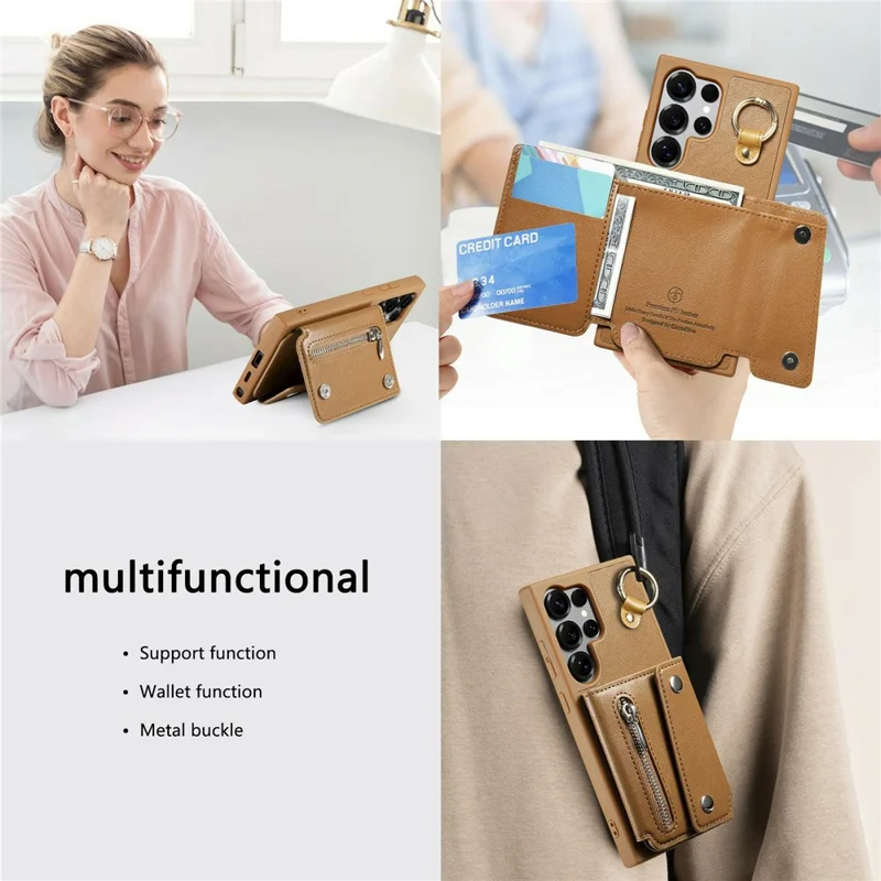 For Samsung Galaxy S26 Ultra Case D-Ring Holder Leather + PC + TPU Phone Cover with Wallet Kickstand - Brown