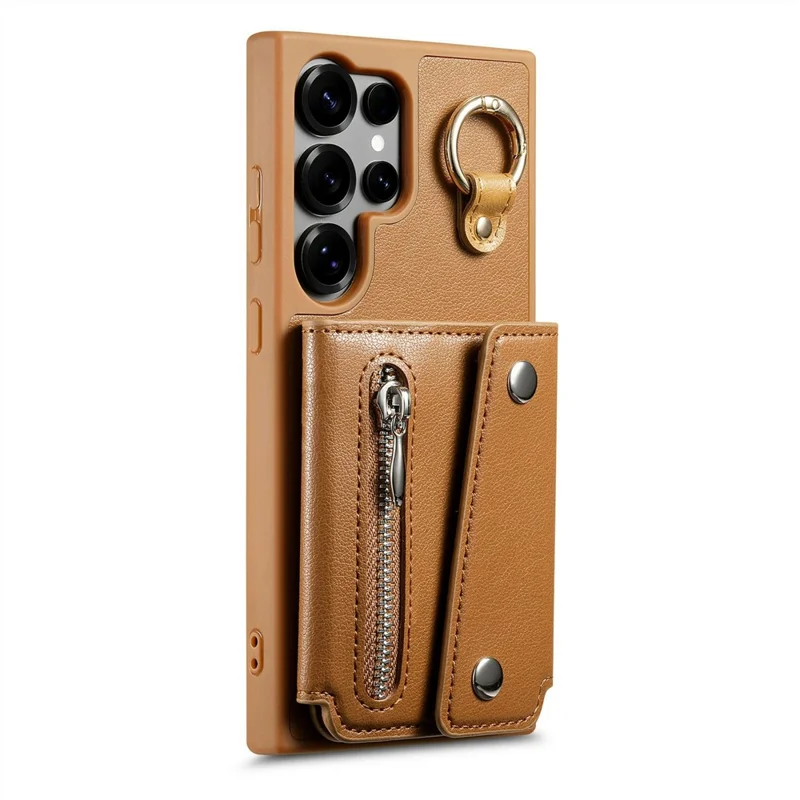 For Samsung Galaxy S26 Ultra Case D-Ring Holder Leather + PC + TPU Phone Cover with Wallet Kickstand - Brown