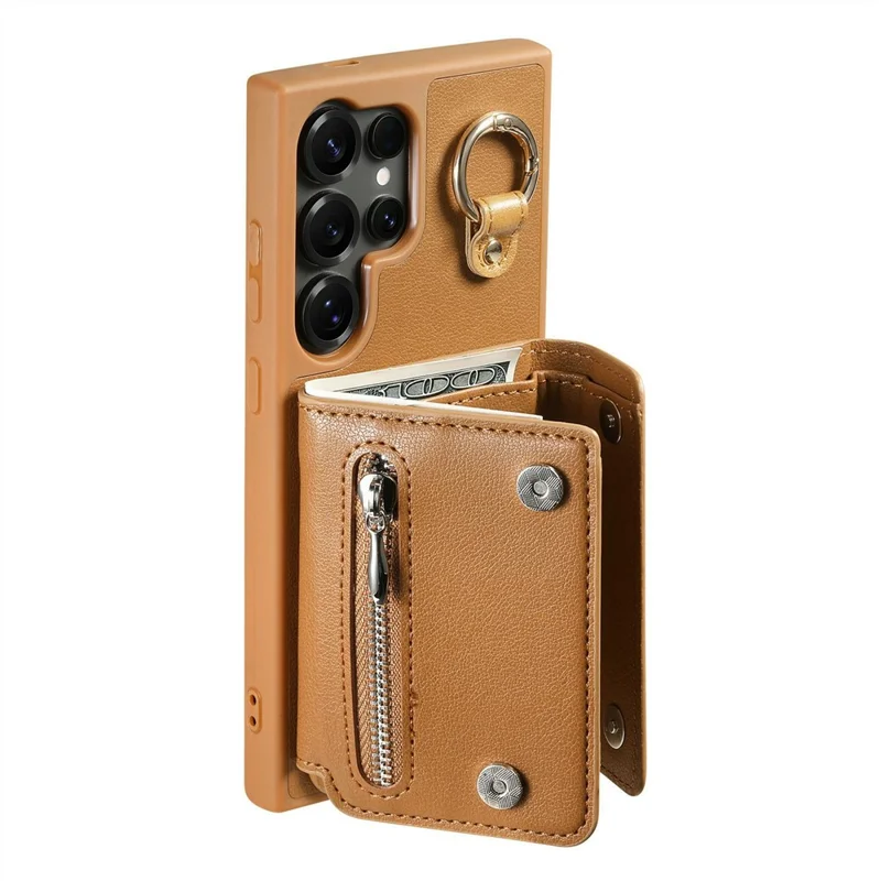 For Samsung Galaxy S26 Ultra Case D-Ring Holder Leather + PC + TPU Phone Cover with Wallet Kickstand - Brown