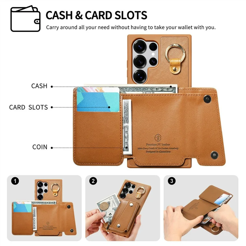 For Samsung Galaxy S26 Ultra Case D-Ring Holder Leather + PC + TPU Phone Cover with Wallet Kickstand - Brown