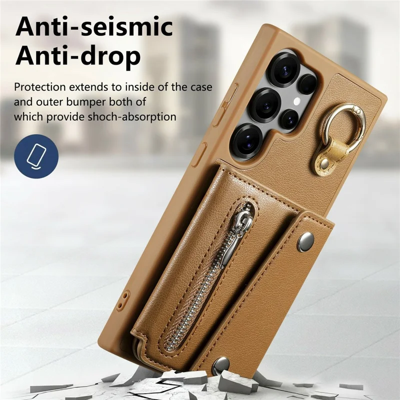 For Samsung Galaxy S26 Ultra Case D-Ring Holder Leather + PC + TPU Phone Cover with Wallet Kickstand - Brown