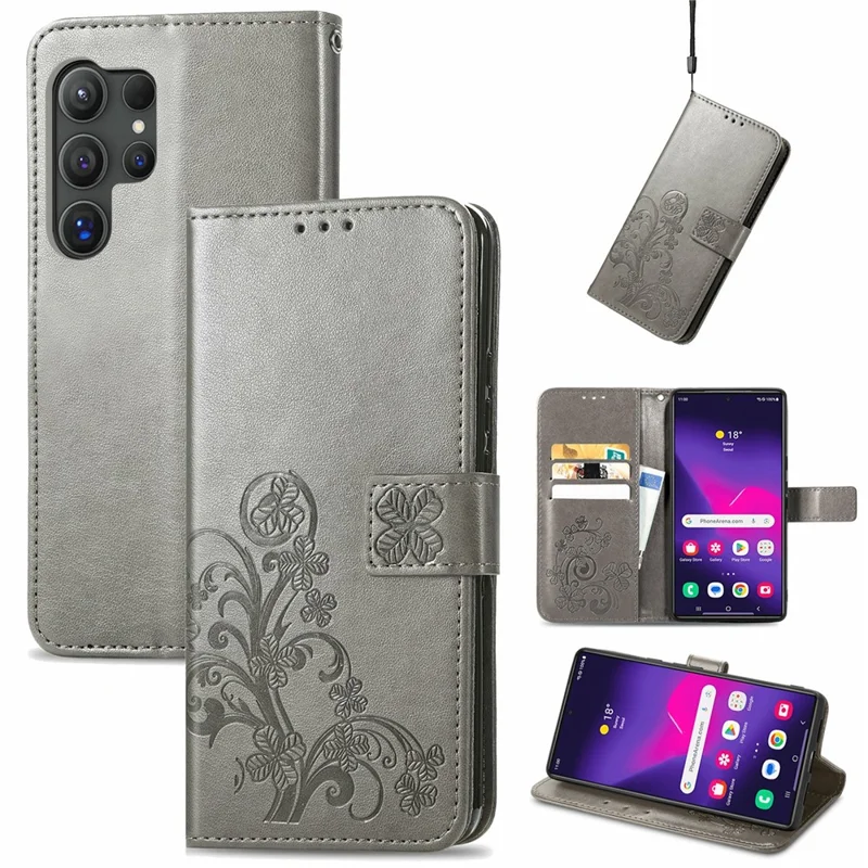 For Samsung Galaxy S26 Ultra Leather Case Four-Leaf Clover Wallet Phone Coverv - Grey