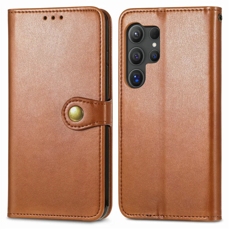 For Samsung Galaxy S26 Ultra Case Wallet Stand Leather Phone Cover with Wrist Strap - Brown