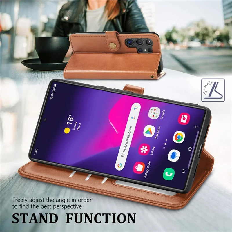 For Samsung Galaxy S26 Ultra Case Wallet Stand Leather Phone Cover with Wrist Strap - Brown