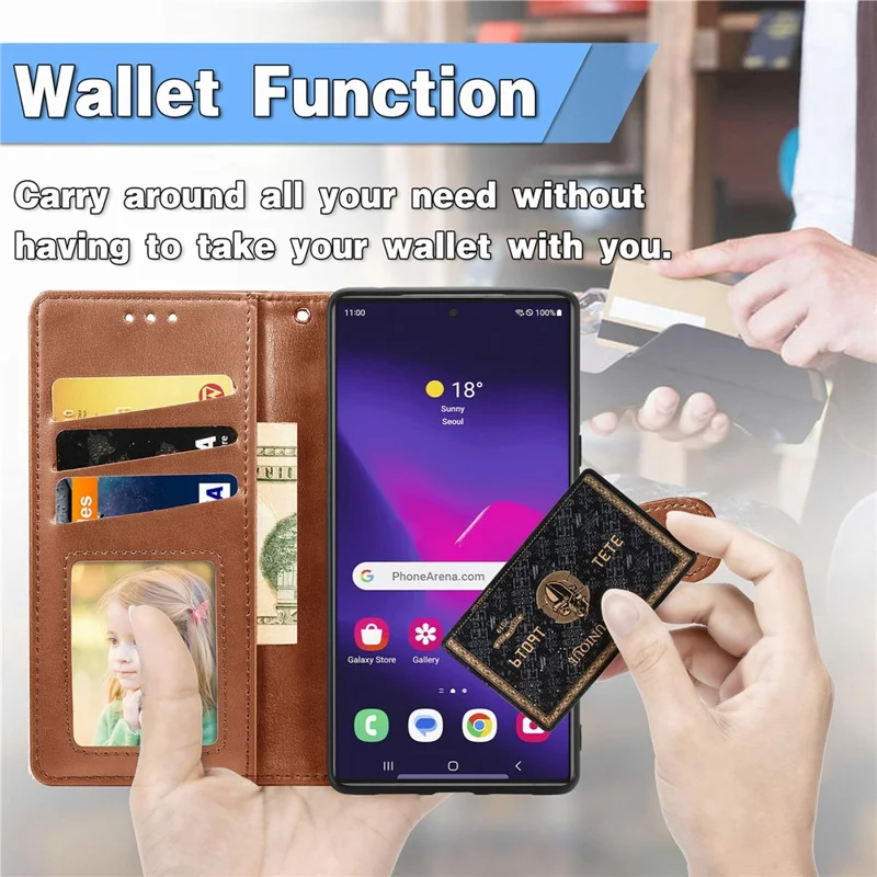 For Samsung Galaxy S26 Ultra Case Wallet Stand Leather Phone Cover with Wrist Strap - Brown