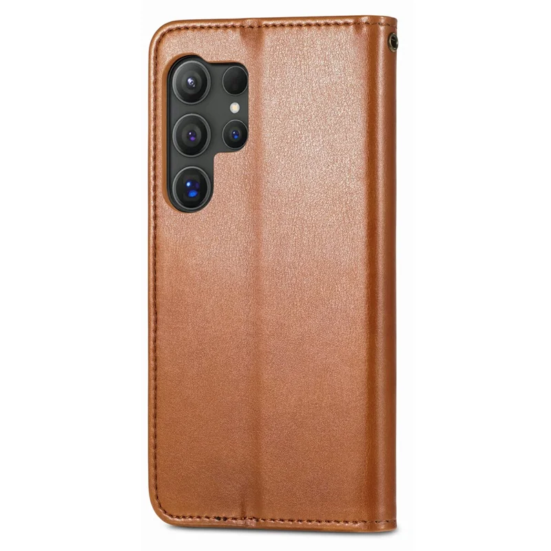 For Samsung Galaxy S26 Ultra Case Wallet Stand Leather Phone Cover with Wrist Strap - Brown