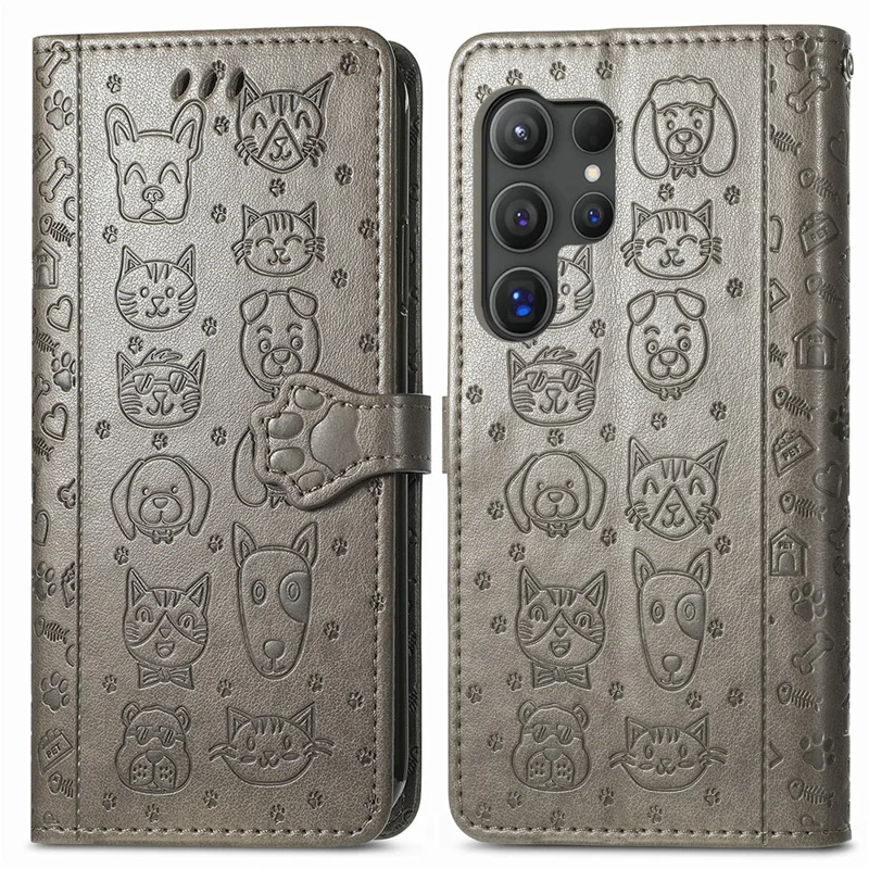 For Samsung Galaxy S26 Ultra Case Flip Wallet Leather Phone Cover with Cute Cat Dog Pattern - Grey
