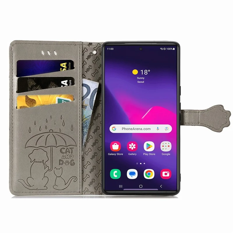 For Samsung Galaxy S26 Ultra Case Flip Wallet Leather Phone Cover with Cute Cat Dog Pattern - Grey