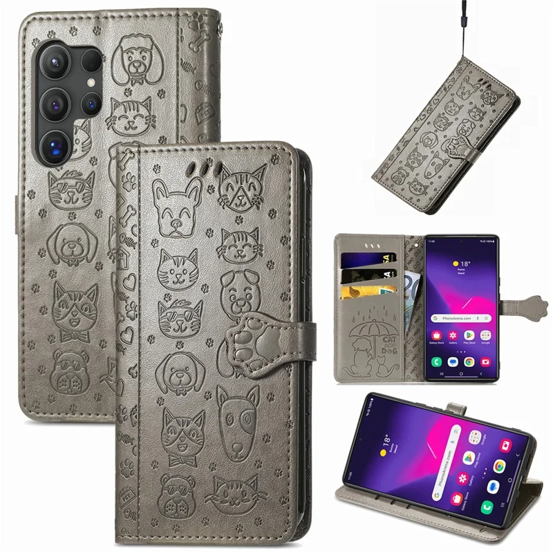For Samsung Galaxy S26 Ultra Case Flip Wallet Leather Phone Cover with Cute Cat Dog Pattern - Grey