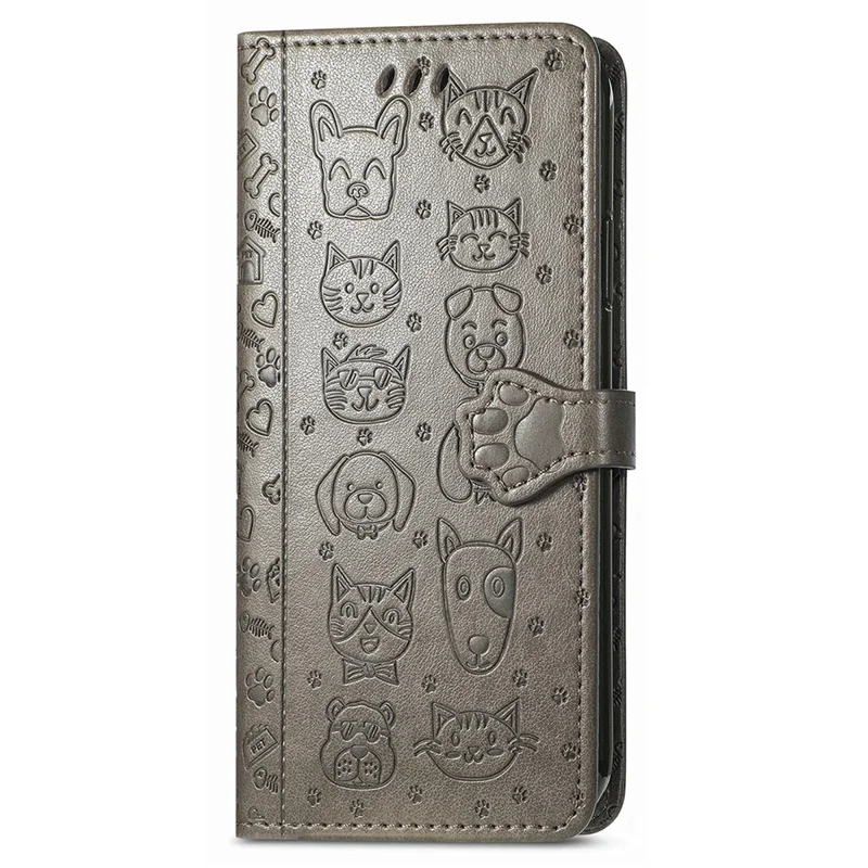 For Samsung Galaxy S26 Ultra Case Flip Wallet Leather Phone Cover with Cute Cat Dog Pattern - Grey