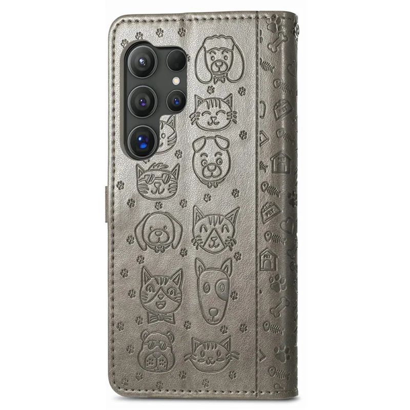 For Samsung Galaxy S26 Ultra Case Flip Wallet Leather Phone Cover with Cute Cat Dog Pattern - Grey
