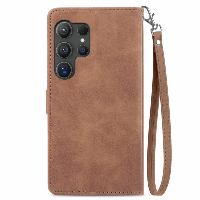 For Samsung Galaxy S26 Ultra Zipper Wallet Case with Strap Flower Imprint PU Leather Phone Cover - Brown