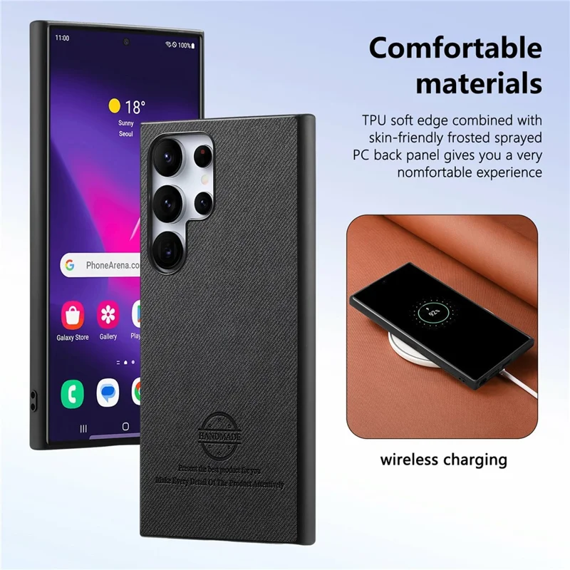 For Samsung Galaxy S26 Ultra Case Leather Phone Back Cover with Cloth Texture - Black