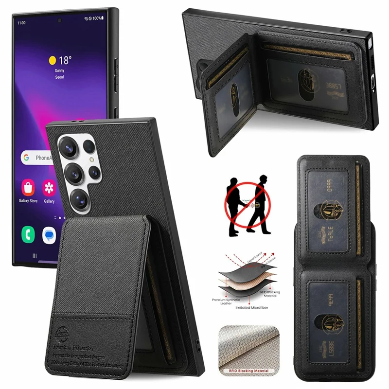 For Samsung Galaxy S26 Ultra Phone Case Cloth Texture Leather + PC + TPU Cover with RFID Blocking Card Holder - Black