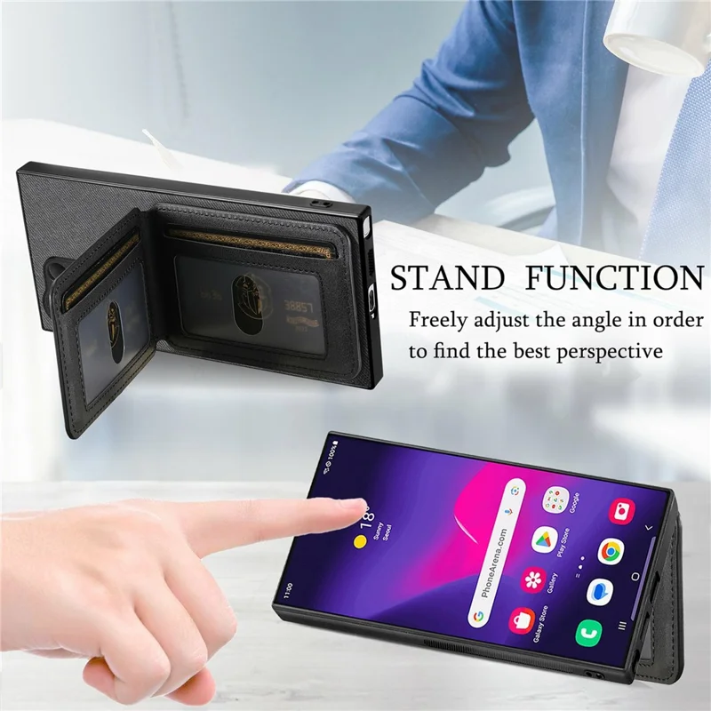 For Samsung Galaxy S26 Ultra Phone Case Cloth Texture Leather + PC + TPU Cover with RFID Blocking Card Holder - Black